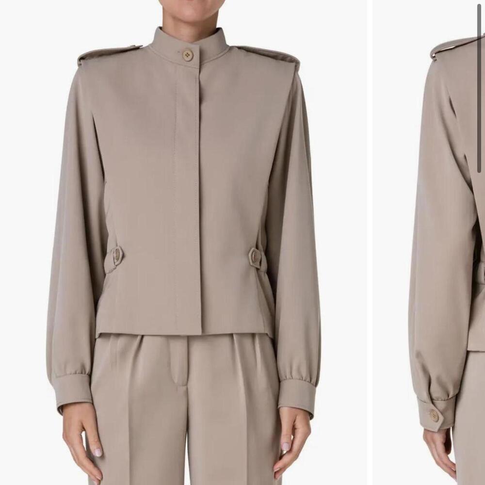akris Tan george gabardine cropped military style trench coat size 10
